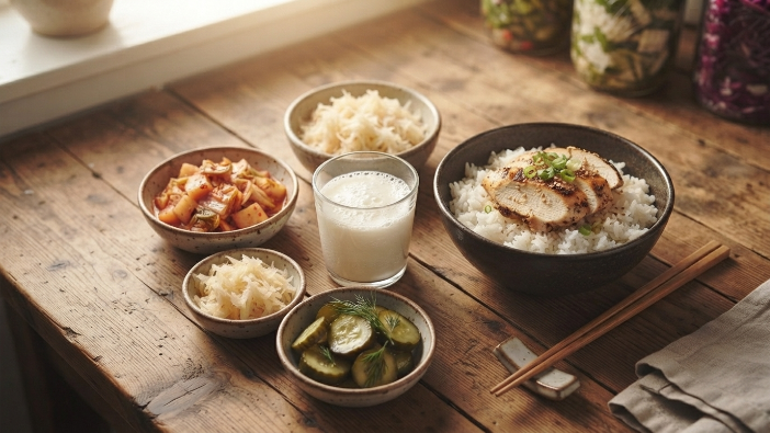 A meal plate featuring kimchi, sauerkraut, and kefir as gut-friendly side dishes
