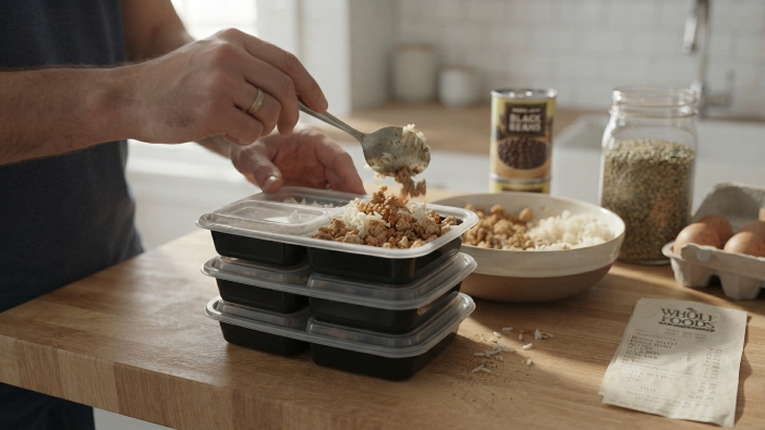 high protein meal prep Portioning ground turkey and rice into meal prep containers