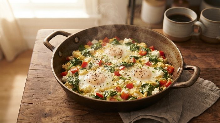 high protein breakfast recipes, Veggie egg scramble with cottage cheese in a cast iron skillet