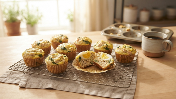 high protein breakfast recipes. Turkey and egg breakfast muffins cooling on a wire rack