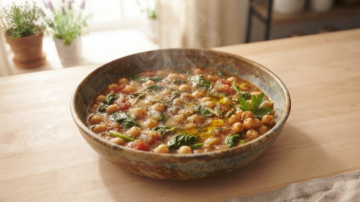 anti inflammatory dinner recipes, Mediterranean chickpea and spinach stew in a rustic bowl