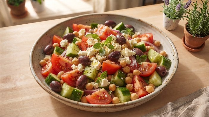 Greek salad with chickpeas, feta, and olives