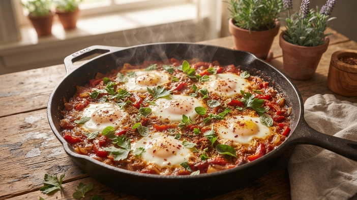 Shakshuka with poached eggs in tomato pepper sauce