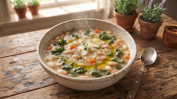 Easy Gut-Healthy Recipes, White bean and kale soup with garlic in a rustic bowl