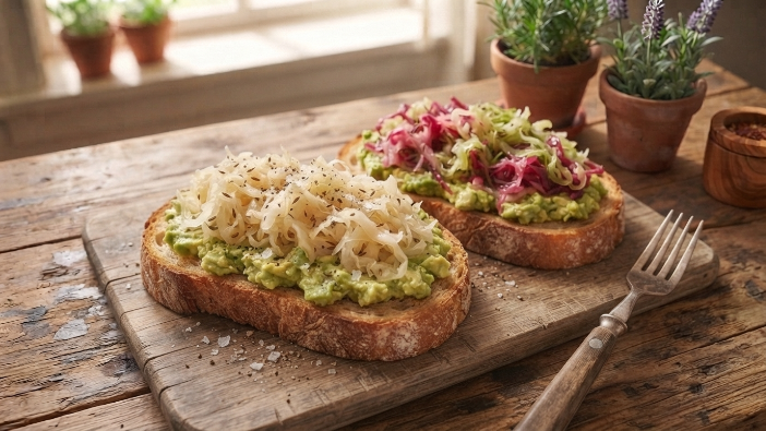 Sauerkraut and avocado toast on a wooden board