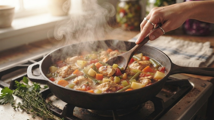 healthy one pot dinner recipes , Stirring a one-pot chicken and vegetable dinner on the stovetop