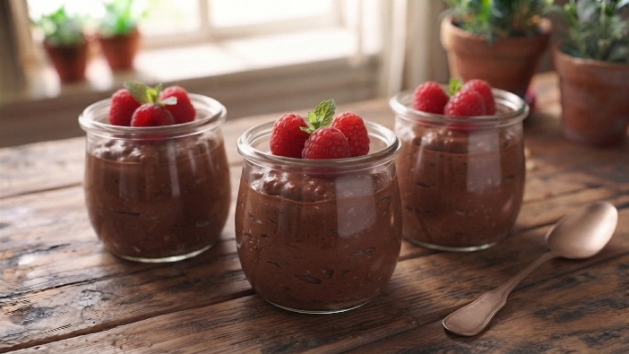 Chocolate cottage cheese mousse in glass jars with raspberries