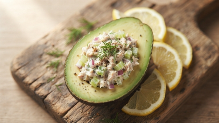 High protein lunch ideas for work — tuna salad stuffed avocado