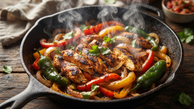 One pan chicken dinner ideas — skillet chicken fajitas with peppers and onions