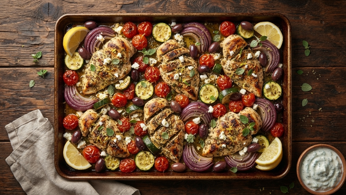 One pan chicken dinner ideas — sheet pan Greek chicken with roasted vegetables