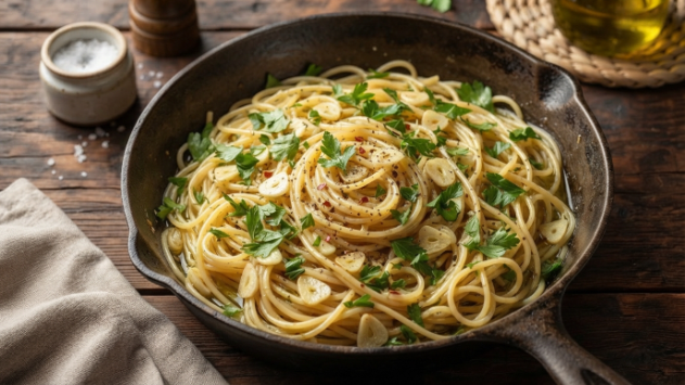 Easy meals with pantry staples — pantry pasta aglio e olio in a skillet