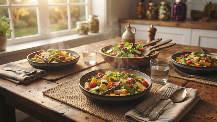 A realistic photo of a family dinner table set with bowls of one-pot pasta primavera, a simple green salad, and glasses of water, soft evening light through a kitchen window.