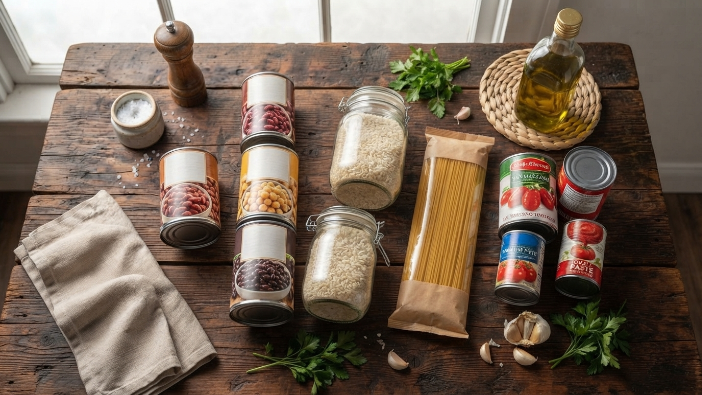 Easy meals with pantry staples — a flat lay of pantry ingredients ready to cook