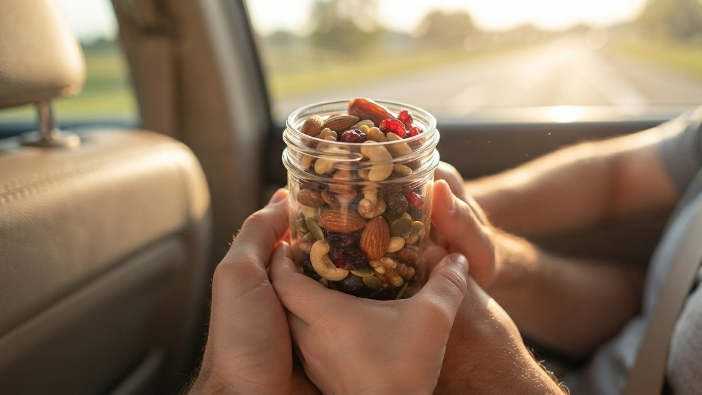 Homemade trail mix as a Healthy Road Trip Snacks in a mason jar