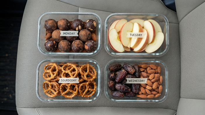 Pre-portioned Healthy Road Trip Snacks including energy balls and apple slice