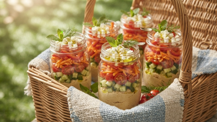 Hummus and vegetable jars as a make ahead picnic food idea