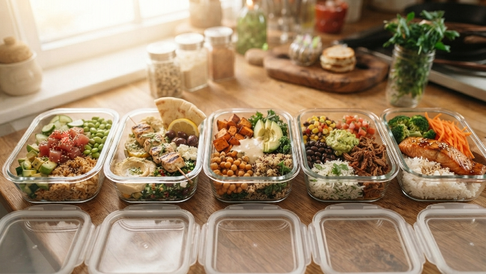 "Five meal prep bowls for beginners lined up in glass containers"