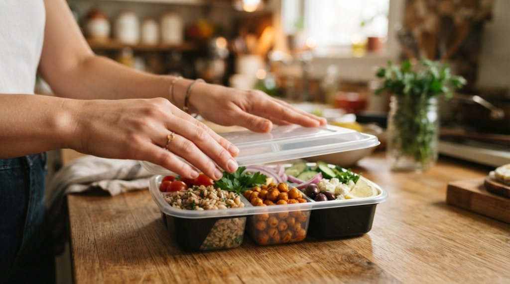 "Mediterranean chickpea meal prep bowl for beginners being sealed for storage"
