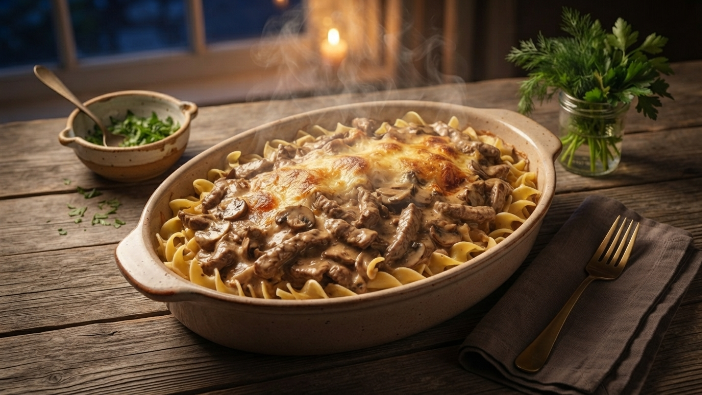 "Classic beef stroganoff, an easy comfort food recipe over egg noodles"