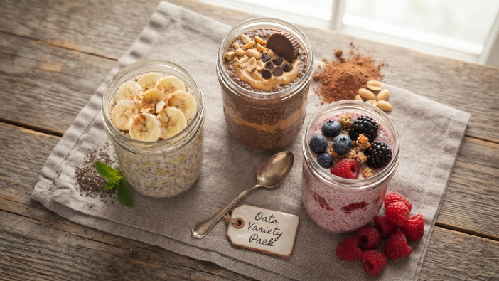 "Three jars of overnight oats without yogurt in different flavors"