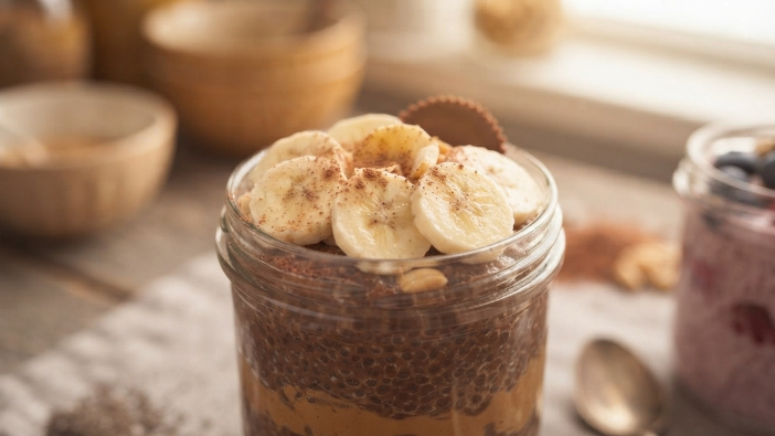 "Chocolate peanut butter overnight oats without yogurt topped with banana"