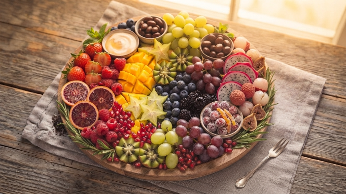 "Holiday fruit charcuterie board idea with pomegranate and rosemary garnish"