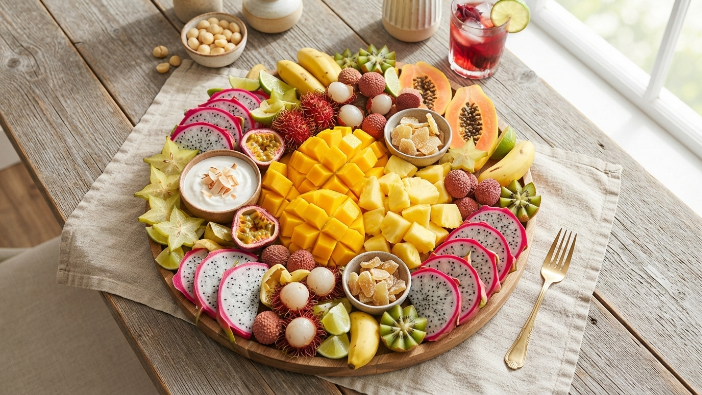 "Tropical fruit charcuterie board idea with mango, pineapple, and dragon fruit"