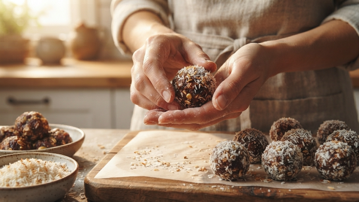 healthy no bake desserts, Rolling homemade chocolate energy bites made with dates and oats