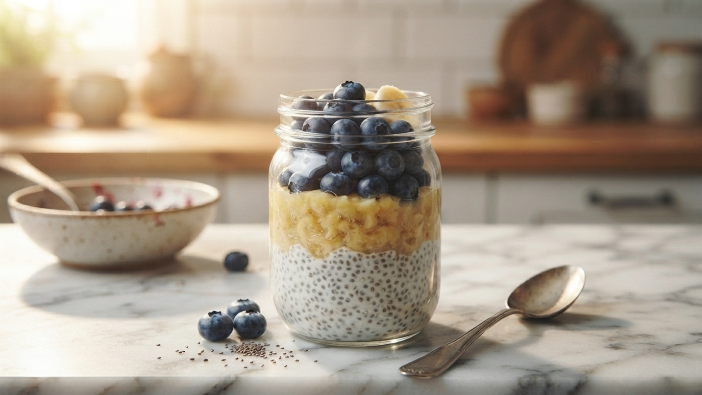 healthy no bake desserts, Layered chia pudding parfait with banana and blueberries in a glass jar