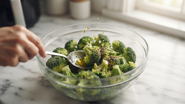 air fryer vegetable recipes, Tossing broccoli florets in olive oil and seasoning before air frying