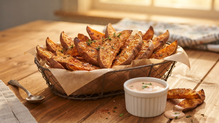 Crispy air fryer sweet potato wedges served with dipping sauce