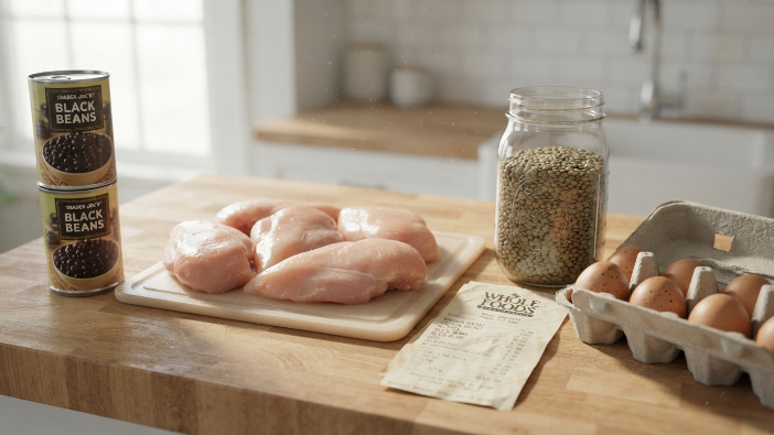 high protein meal prep, Budget-friendly high-protein grocery ingredients including chicken, lentils, and eggs