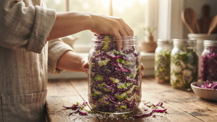 fermented food recipes, Hands packing cabbage into a jar to make homemade sauerkraut