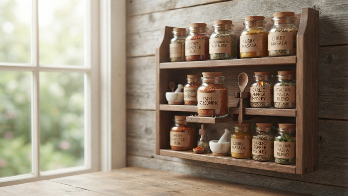 "Wooden spice rack filled with homemade seasoning blends"