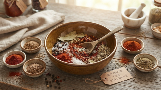 "Homemade seasoning blend for tacos being mixed in a bowl"